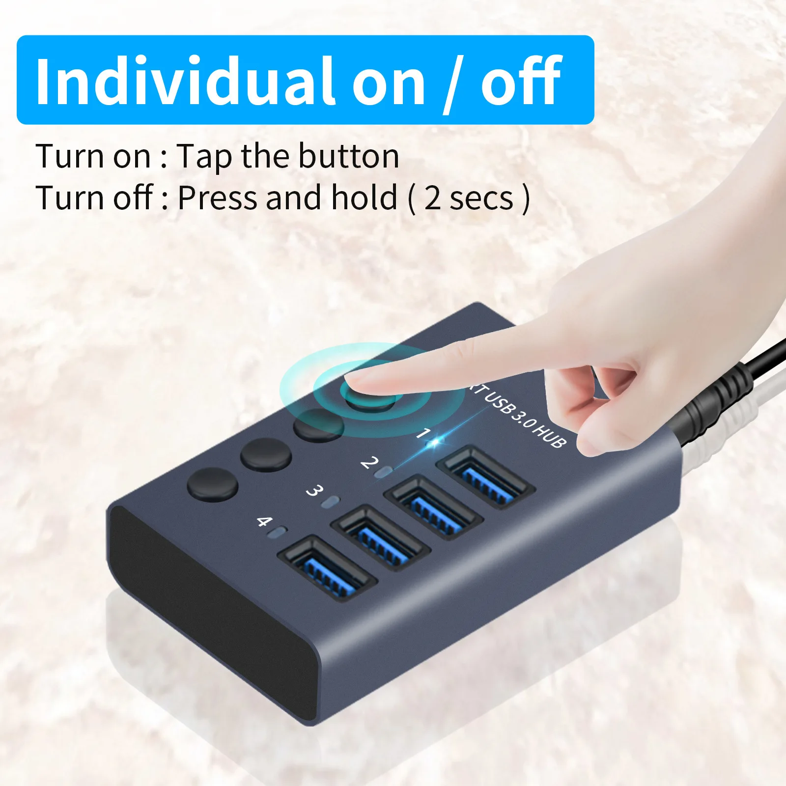 4 Ports USB 3.0 Hub High Speed Multi USB Splitter with Switch Power Adapter Multiple Expander