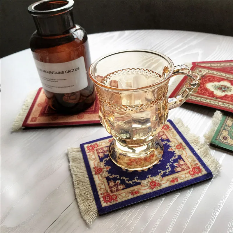 Vintage Persian Style Woven Coaster Retro Tassels Style Non-slip Carpet Pattern Cup Laptop Office Table Home Craft Decoration