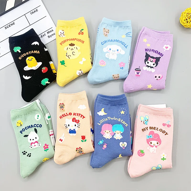 Kawali Sanrio Hellokitty Kuromi My Melody Cinnamoroll Pochacco Pompompurin Cotton Socks Candy Color Soft Cute Girl Birthday Gift