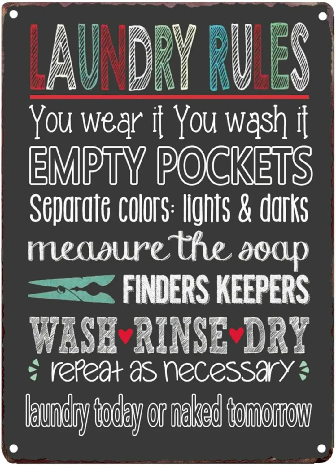 Laundry Rules Typography Wash Rinse Dry Vintage Distressed Look Farmhouse Metal Sign Washroom Laundry Room Decor 8X12Inch