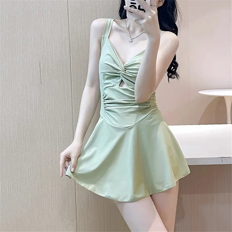 Gris Azul Cruz vendaje Halter traje de baño coreano vestido Culottes Bikinis traje de baño de una pieza 2025 traje de baño sin espalda ropa de playa