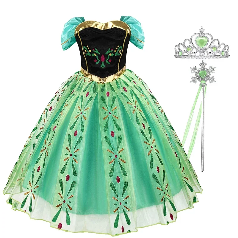 Girls Princess Anna Dress Birthday Party Dresses Halloween Disguise Cosplay Costume Fancy Green Dress Up Fantasia Anna Costumes