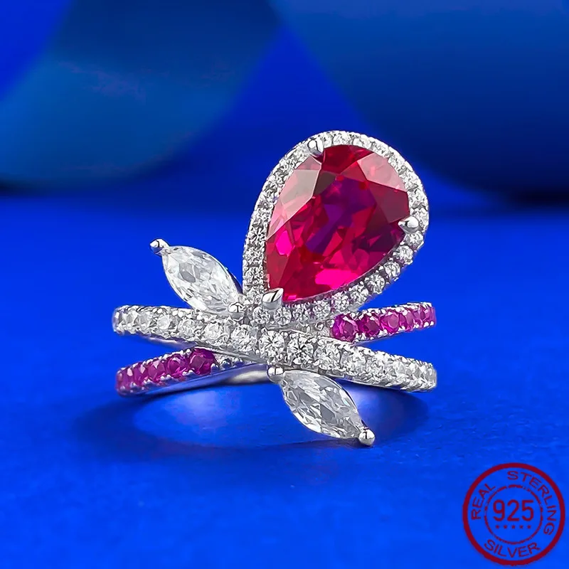 New S925 Silver 7 * 10 Water Drop Ring Women's Red Sapphire Ring Light Luxury Fashion Wedding Jewelry