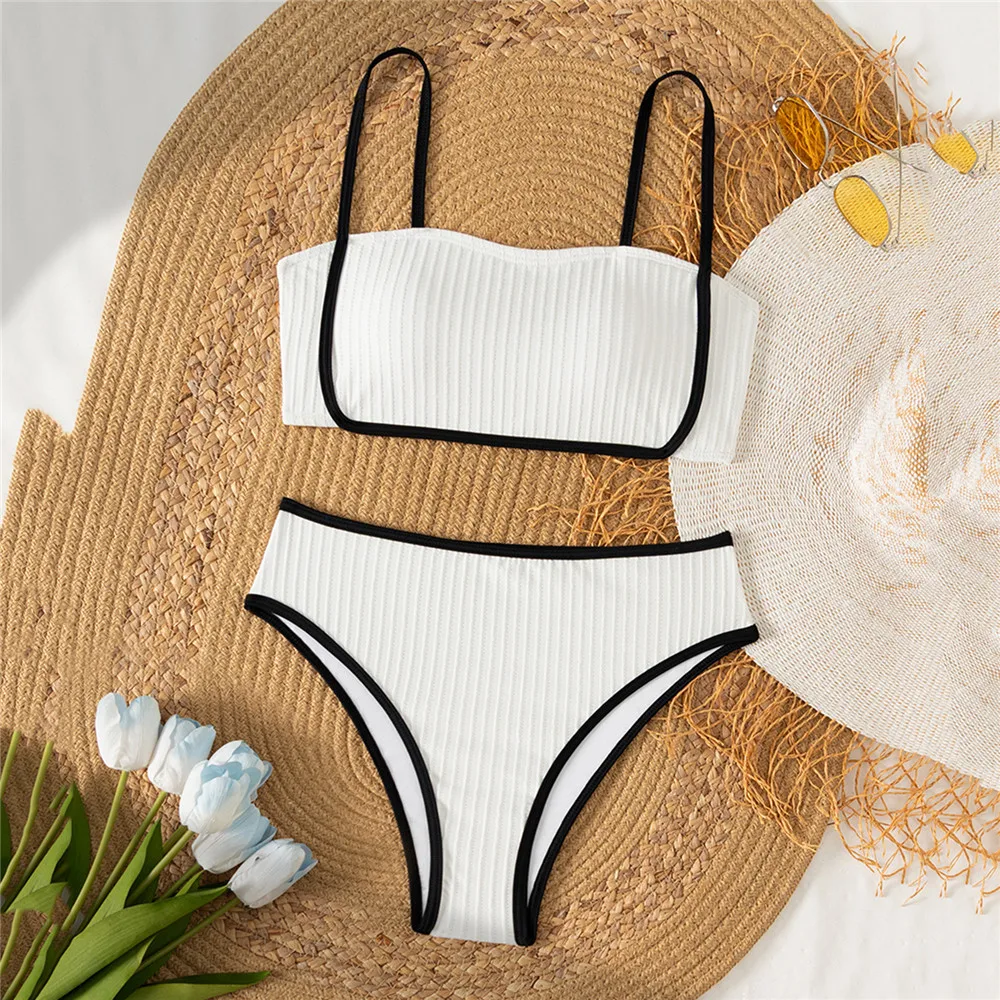 

Solid White Swimwears Bandeau Bikinis Sets Ribbed Sexy Swimsuit Women 2025 Push Up Bathing Suit High Waist Bikini Mujer Biquins