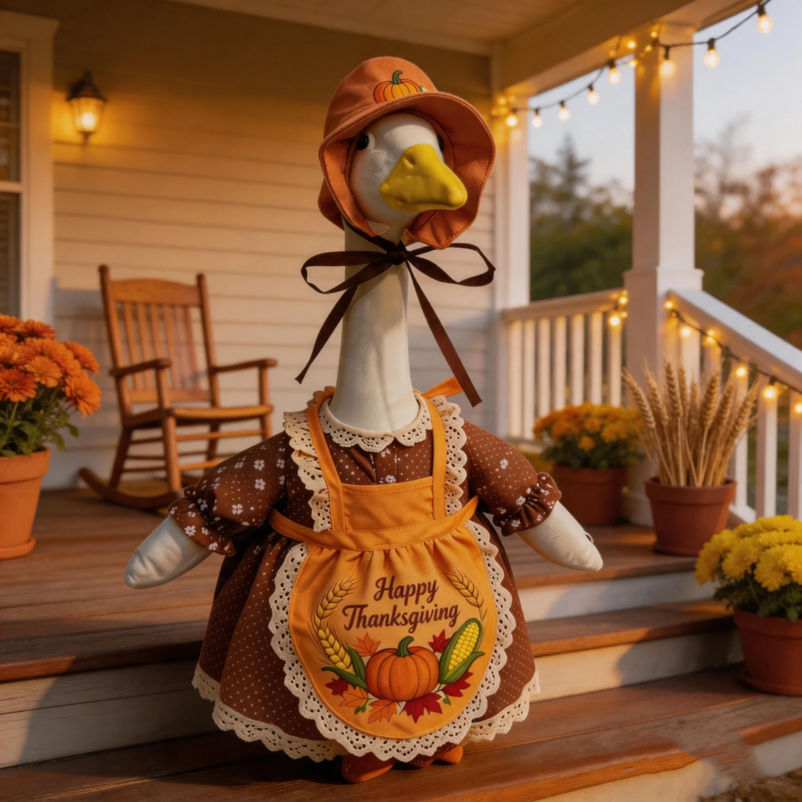 Thanksgiving Porch Goose Outfit Floral Dress Pumpkin Apron Hat Set for 23 Lawn Cement Plastic Goose