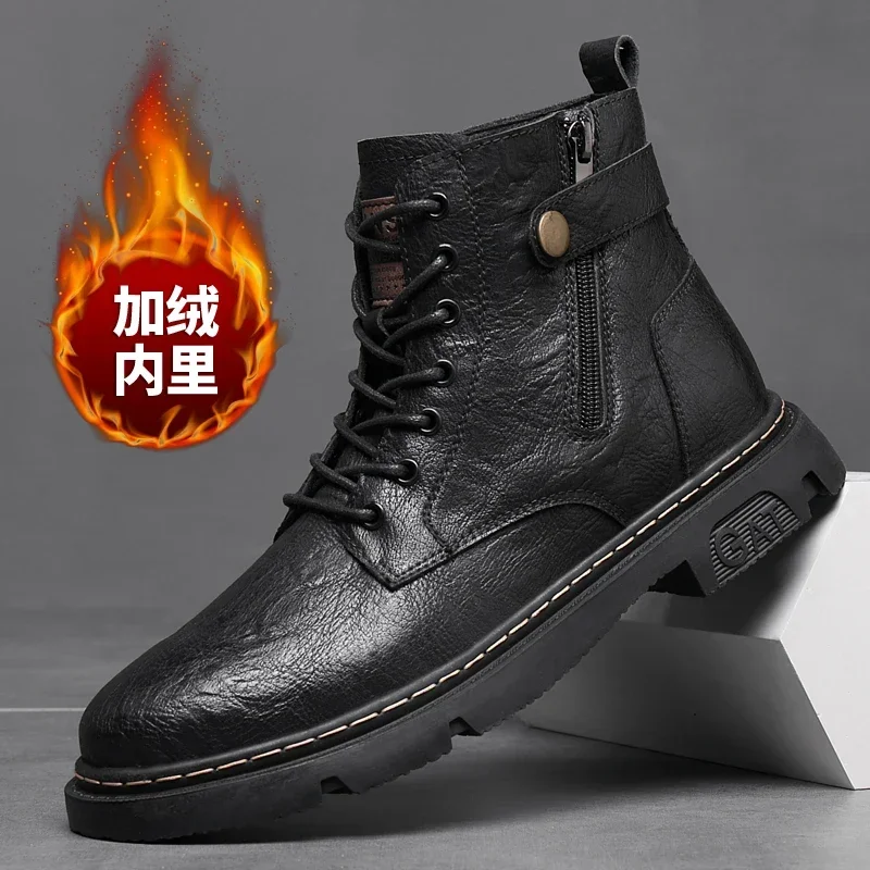 2024 Men\'s Genuine Leather Boots High-top Mens Work Shoes Plus Velvet To Keep Warm Non-slip and Wear-resistant Motorcycle Boot