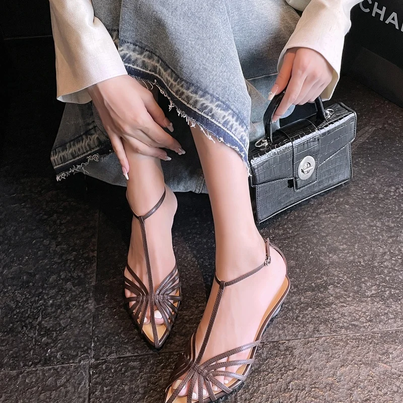 New Natural Leather 3-5CM Sandals Roman Style Hollowed Out Irregular High Heels Comfort Fashion Simplicity