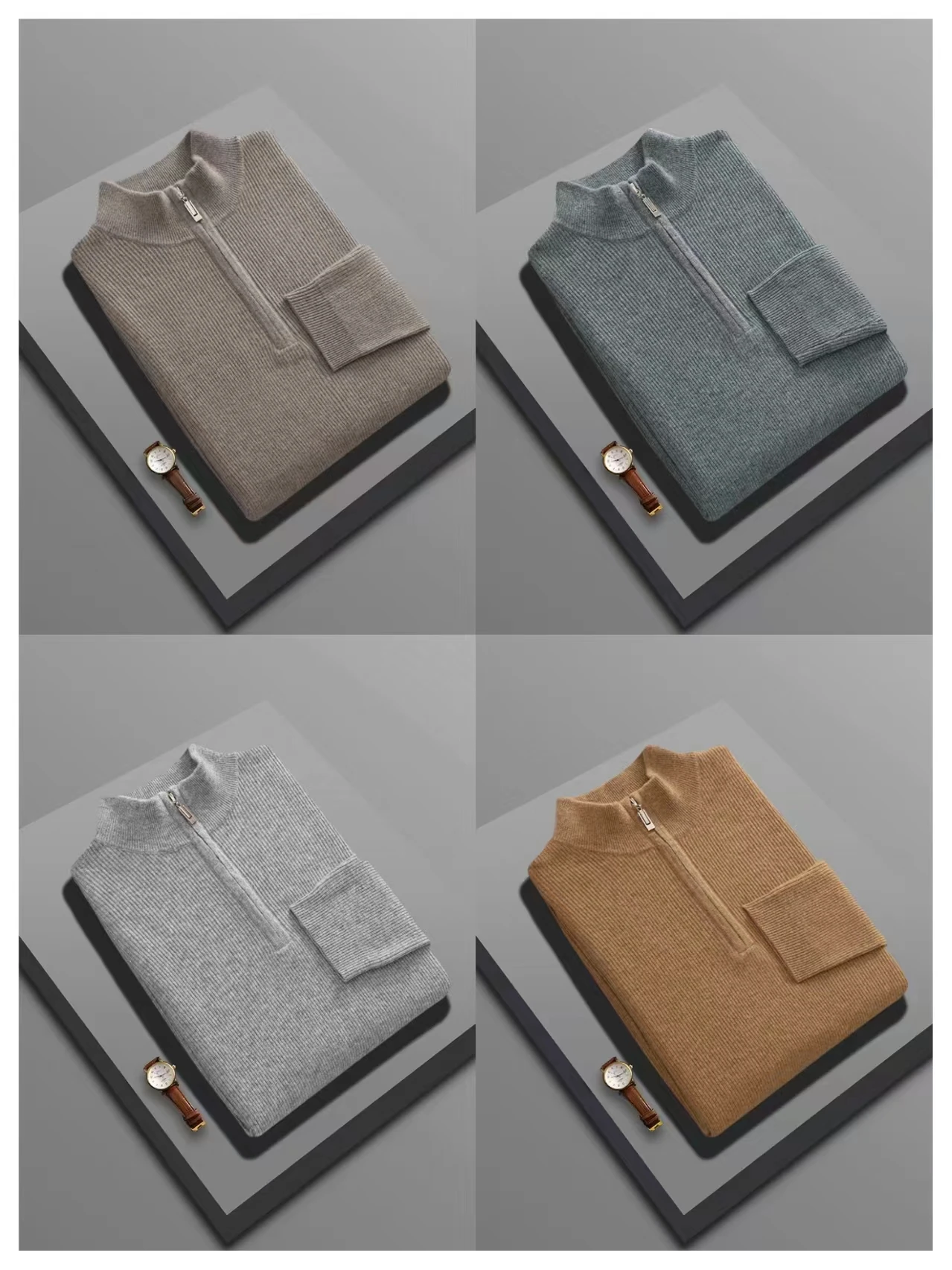 

Spring Autumn 100% Merino Wool Knit Pullover Men's Half Zipper Mock-Neck Sweater Fashion Loose Youth Shirt High-End Warm Tops