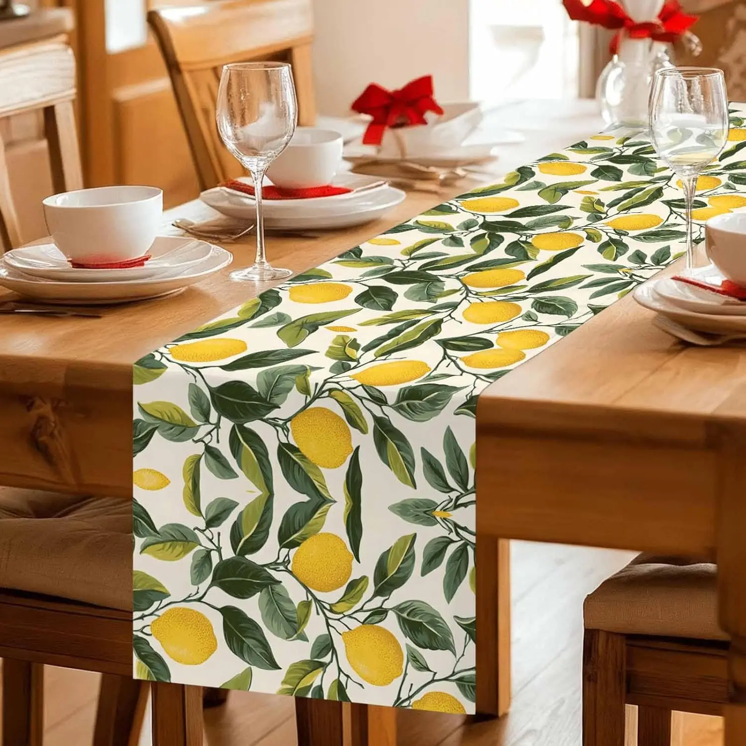 Summer Yellow Lemon Linen Table Runner Party Decor Washable Watercolor Leaves Plants Kitchen Dining Table Runners Home Decor