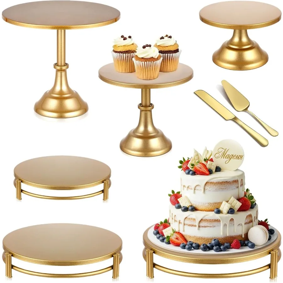 

8 PCS Gold Cake Stand Set with Gold Pedestal Cake Stand and Cake Cutter Pie Spatula Dessert Table Display Set for Wedding Party