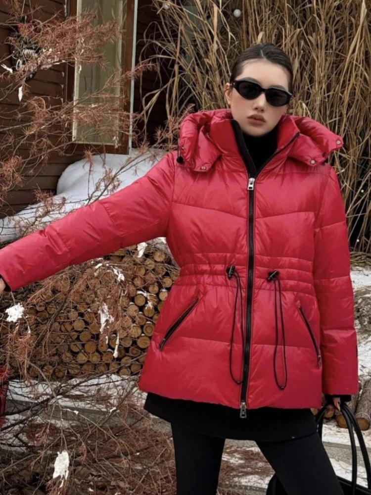 2025年新作 レディース パーカー 冬用 ハイウエスト スリム 90% ホワイトダックダウン パファージャケット フード付き ゆったり 厚手 暖かい オーバーコート