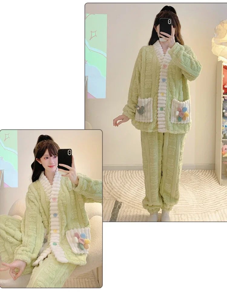 5XL Plus Size Winter Warm Sleepwear Women Korean Sweet Pajamas Set Nightwear Flannel Cardigan Night Wear Home Clothes Outfits