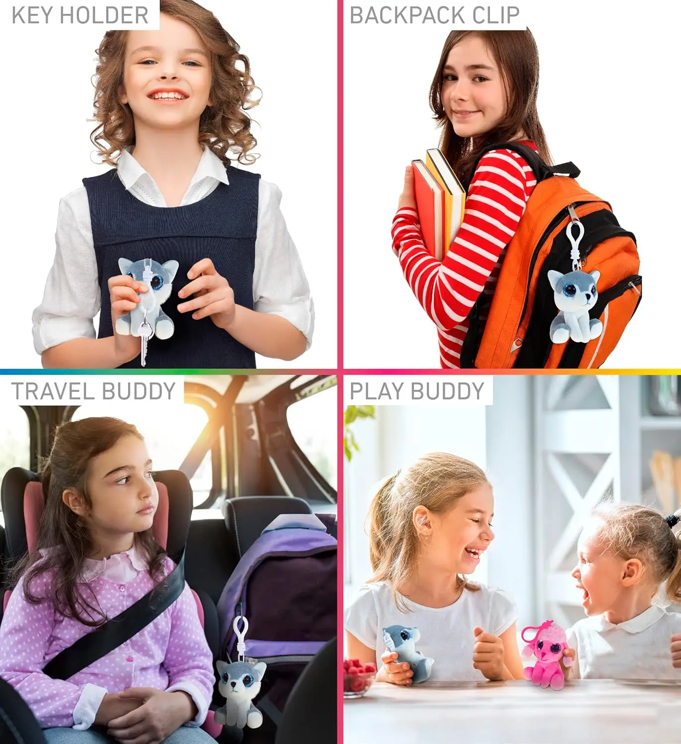 พวงกุญแจตุ๊กตาหมาป่าตาโตน่ารักพร้อมคลิปหนีบ - ตุ๊กตาสัตว์นุ่มนิ่มสำหรับตกแต่งกระเป๋าเป้สะพายหลังสำหรับเด็ก ผู้หญิง และผู้ชาย