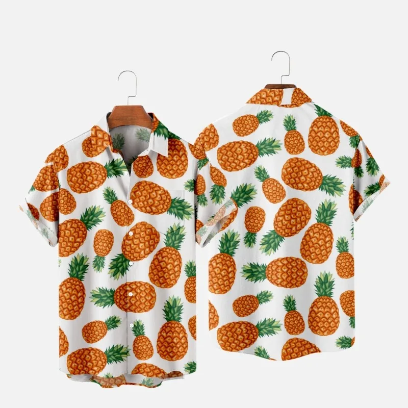 Men's Fashion Y2K T-Shirts Hawaiian Shirt Pineapple 3D Print Cozy Casual One Button Short Sleeve Beach Oversized Clothes 12