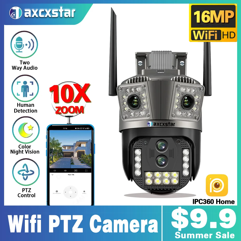 

Smart Home 16MP 8K Multi Lens WIFI Surveillance Camera 10X Zoom Three Screens Color Night Vision AI Tracking Security PTZ Camera