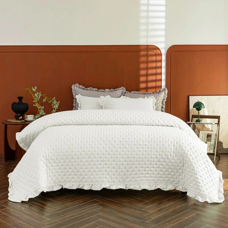 Quilted Bedspread on the Bed Ruffles Summer Quilt Set Queen Size Solid Comforter Blanket Coverlet Soft Cubrecam Bed Cover Colcha
