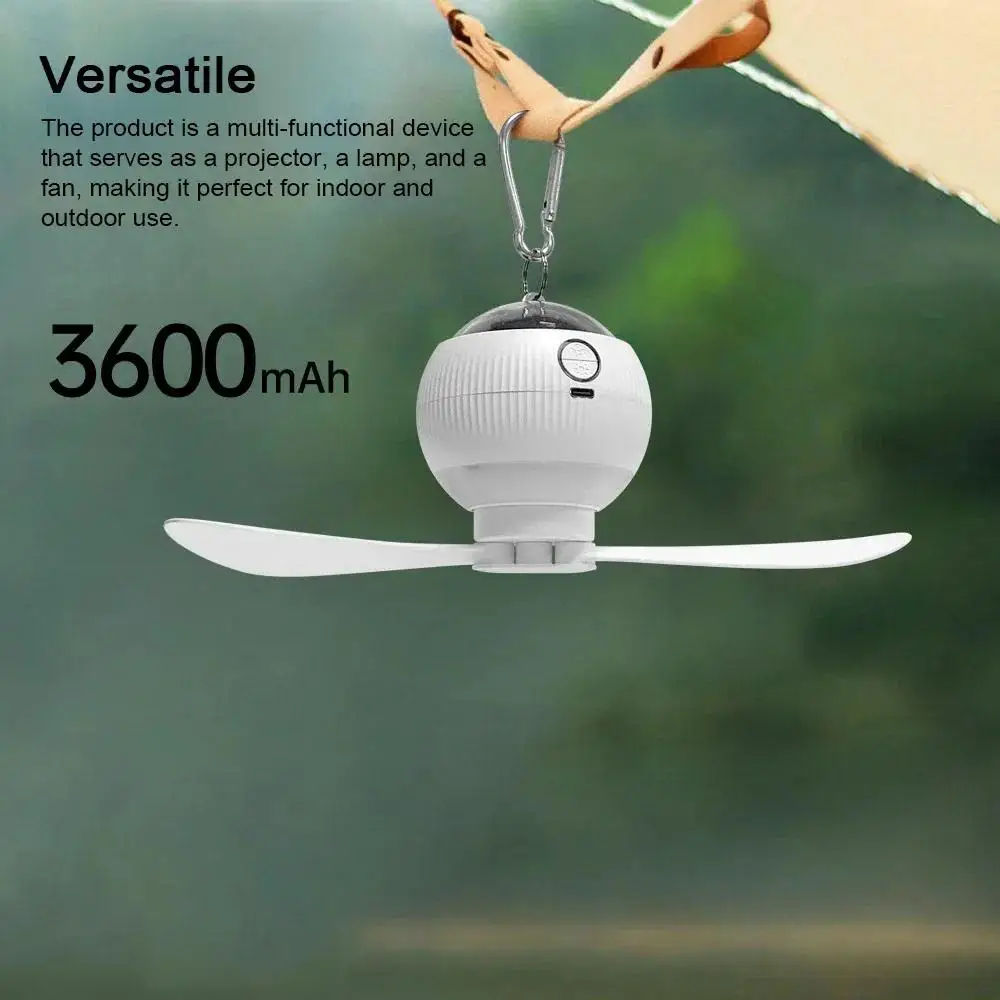 3-in-1 Portable Camping Light Fan Outdoor Fan with Projector Remote Controller Fan Projector USB Rechargeable for Picnic Tent