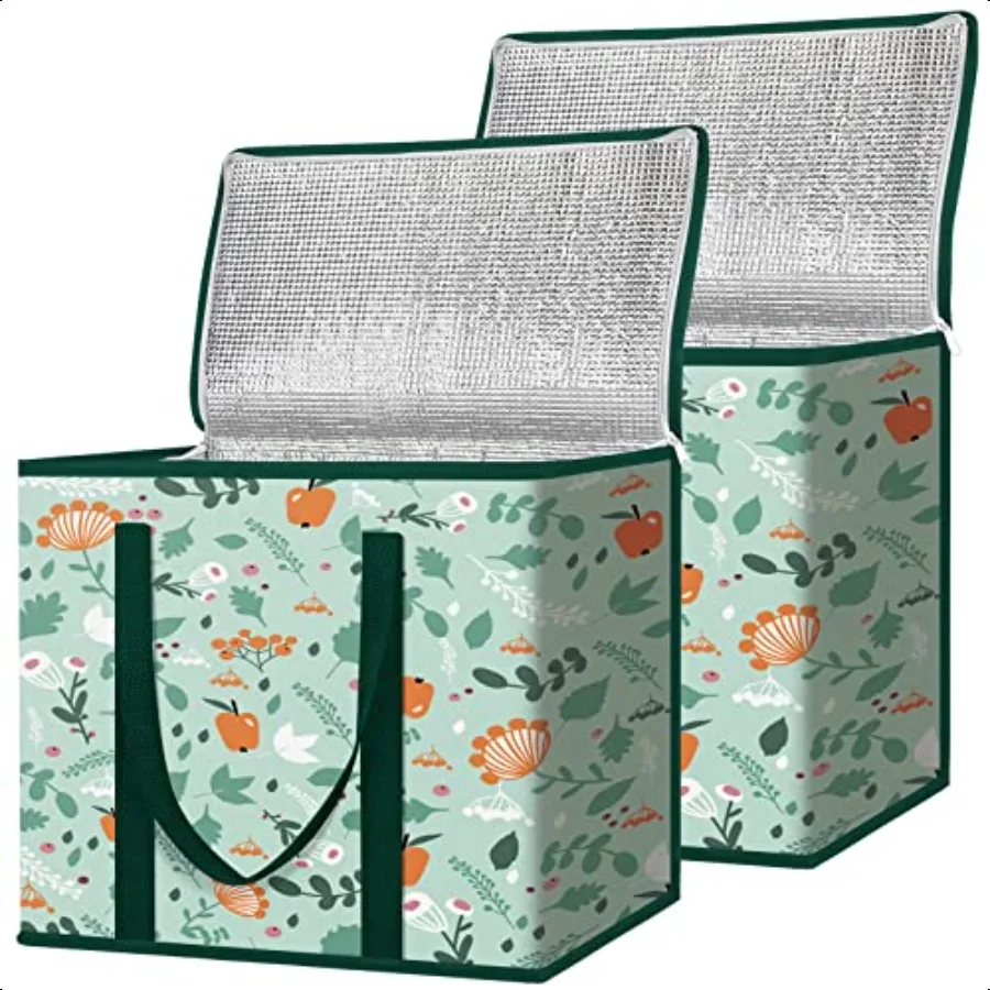 

2Pk Insulated Reusable Grocery Bags Collapsible Cooler Bag for Groceries Heavy Duty Large Insulated Bag 16''x9''x13'' Spring St