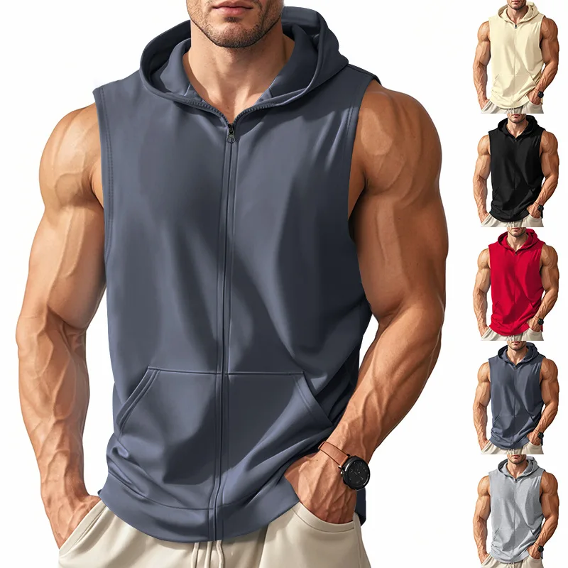 Summer American-style sporty fitness training zipper hoodie front opening sleeveless loose breathable vest