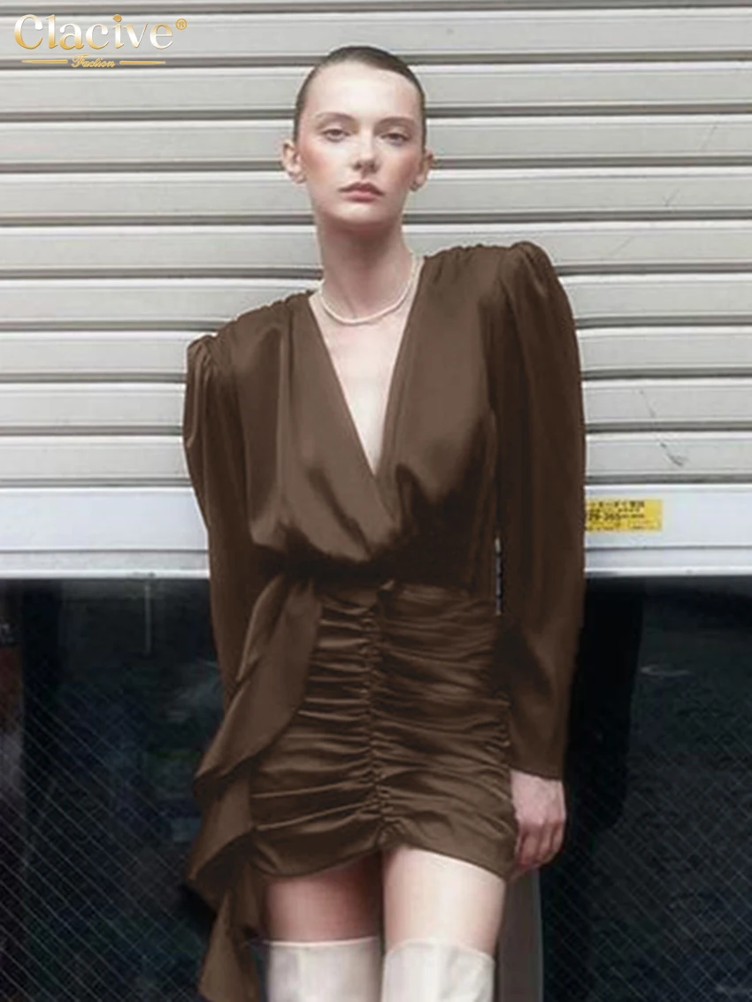 

Clacive Sexy Loose Brown Satin Women's Dress 2025 Fashion V-Neck Long Sleeve Mini Dresses Elegant Classic Ruched Female Dress