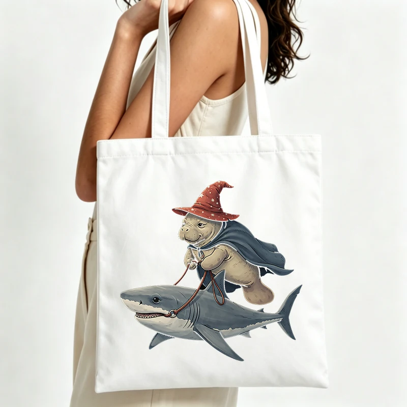 fantasy animal and shark graphic canvas tote bag, perfect for casual daily use and summer outings
