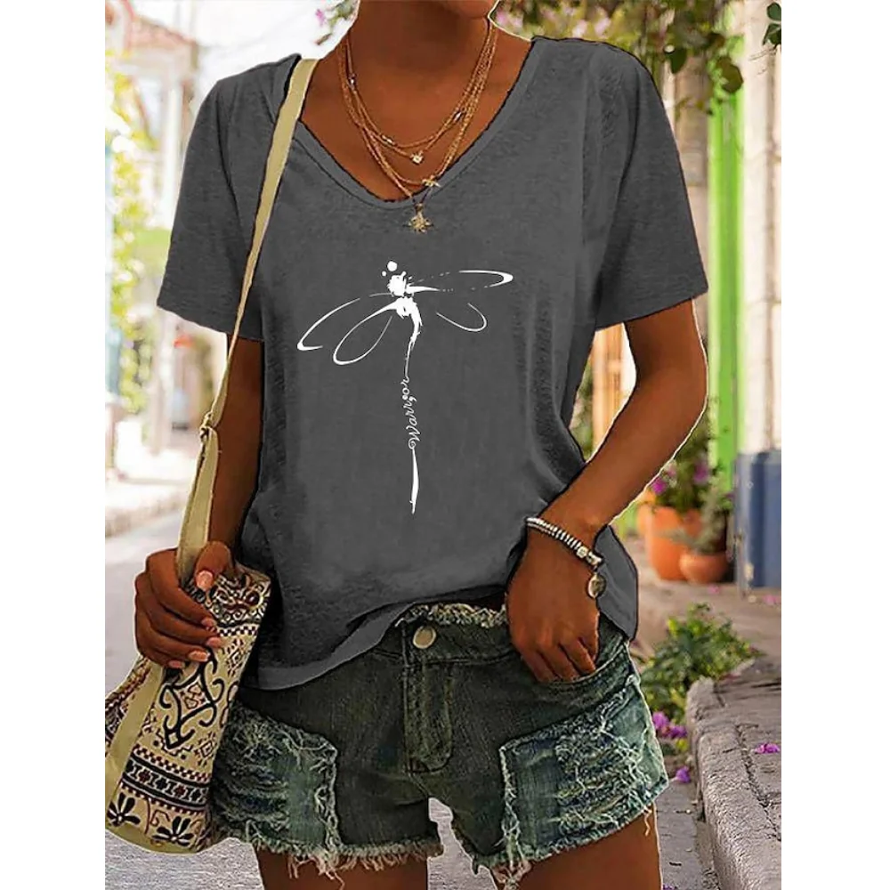 Women\'s T-Shirt Summer Dragonfly Print Tops Tees Casual Daily V Neck Blouse Women Oversized Pullovers Girls Minimalist Clothing