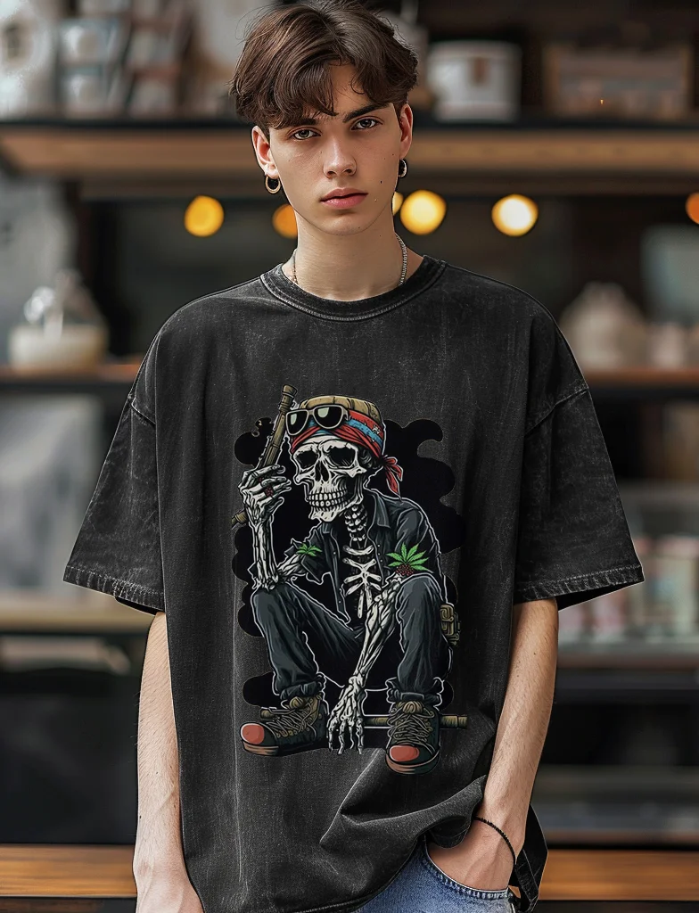 All-cotton short-sleeved top suitable for men and women summer American wash fashion brand loose skull pattern T-shirt