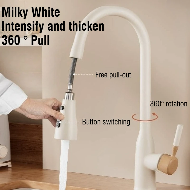 Wooden Cream Kitchen Faucet Wind Pulling for Hot and Cold Water Dish Sink Balcony Laundry Pool Splash Proof Home Use