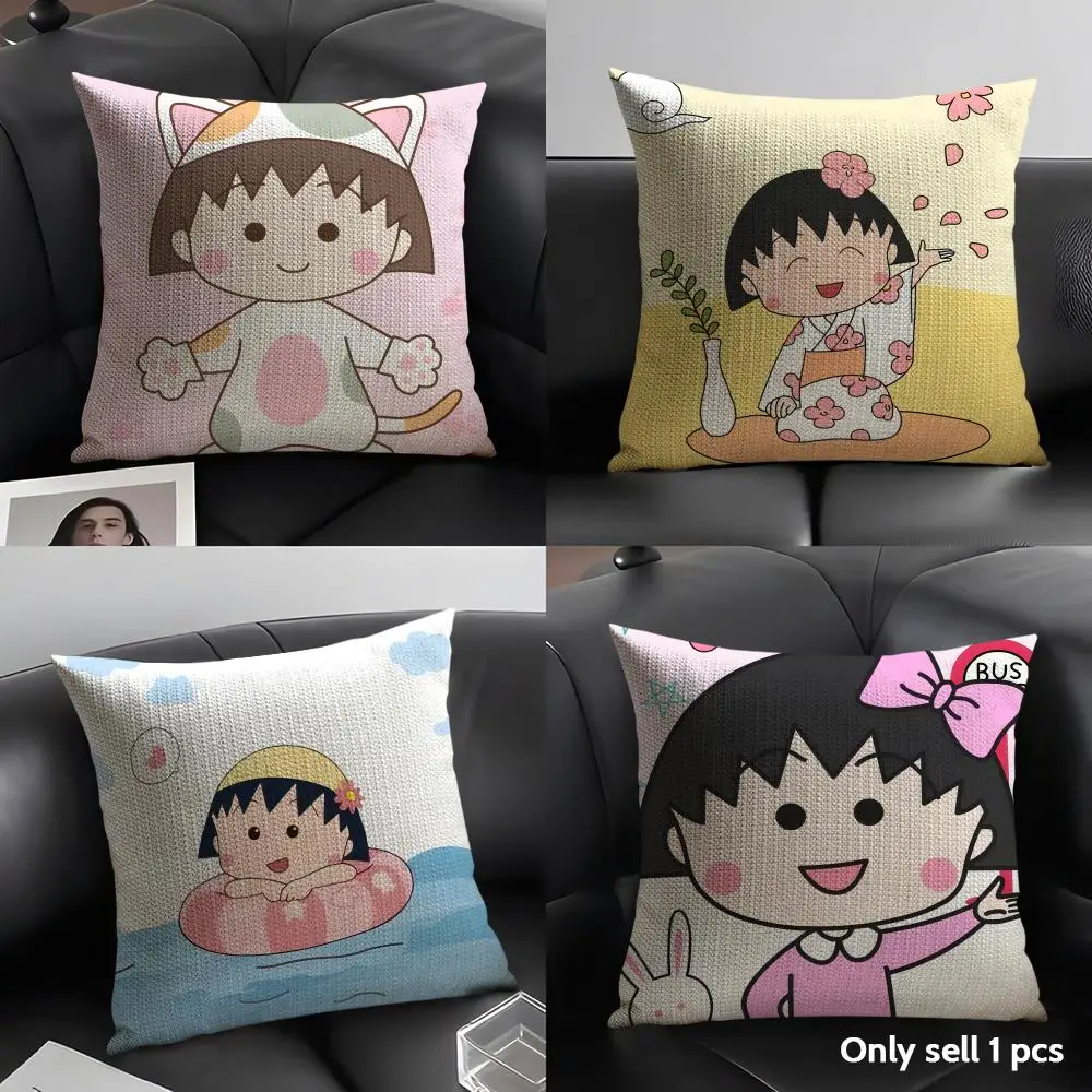 Cartoon C-Chibi Maruko-Chan Cushion Cover Natural Linen Organic Fabric Double-Sided Printing Sofa Home Decor Gift Pillow Case