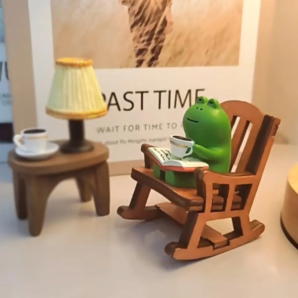 Handmade DIY Micro Rocking Chair Cute Mini Frog Resin Figurine Rocking Chair Design with Book Coffee Office Desktop Decoration