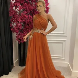 Tulle A Line Long Prom Dresses Arabic Women One Shoulder Applique Evening Gowns Formal Occasion Dress LongCL-603