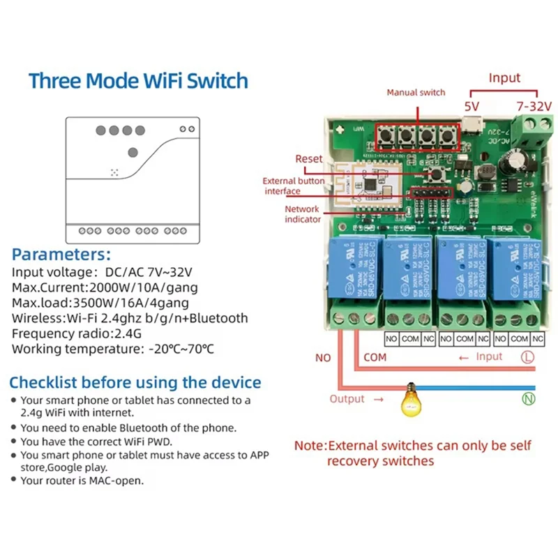Smart Switch 4 Channel Smart Switch Wifi Bluetooth Wireless Dry Contact Relay Switch 7-32V