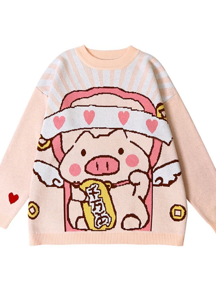 

MERRY PRETTY Women's Cartoon Pig Embroidery Knitted Sweaters And Pullovers Winter Thick Warm Girls Knit Jumpe Sweater Jacquard