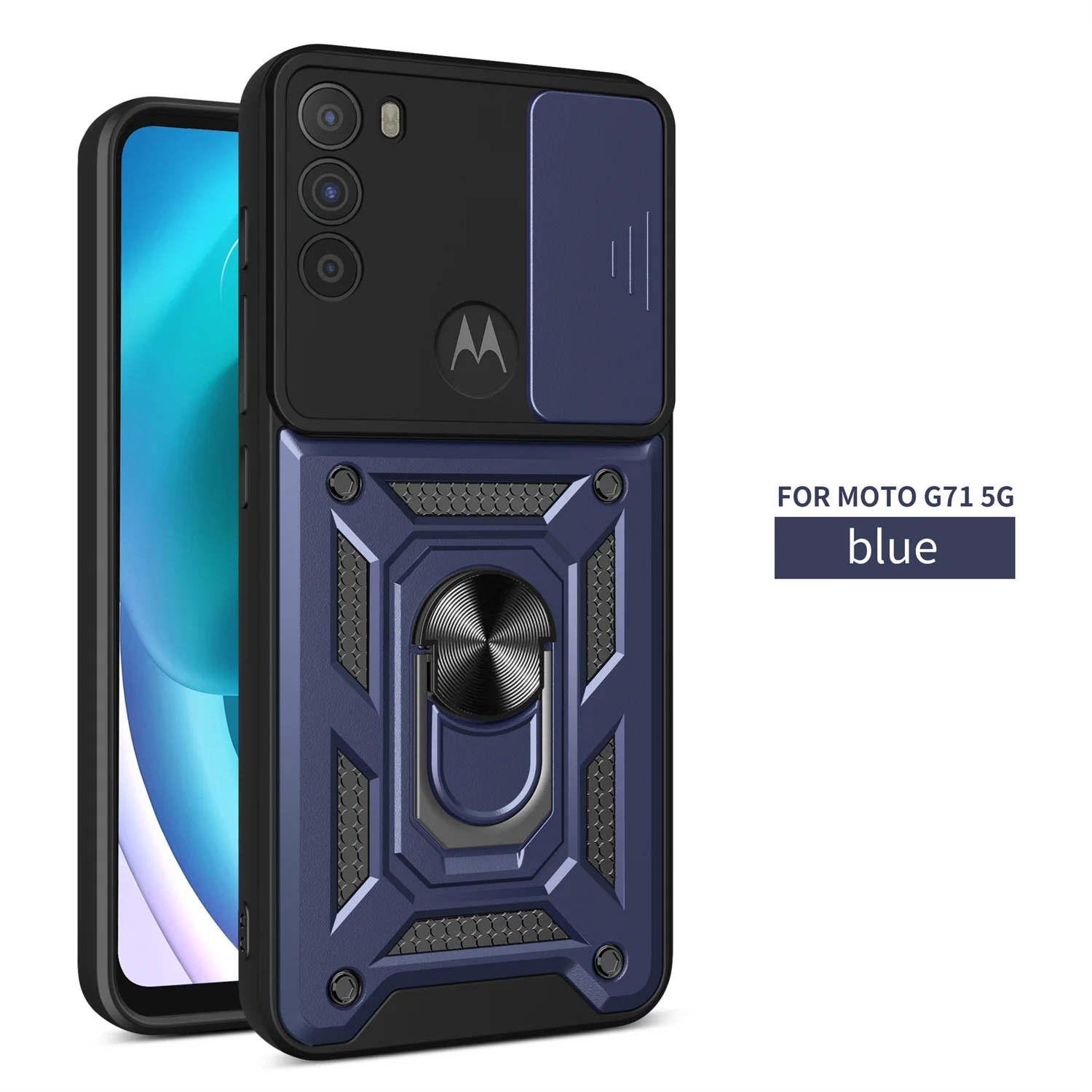 Motorola Moto G71 5G用スライドカメラアーマーアドバンスグリッターパウダーフォンケース、Moto G71 5G用車載ホルダーリング付きブラックカバー