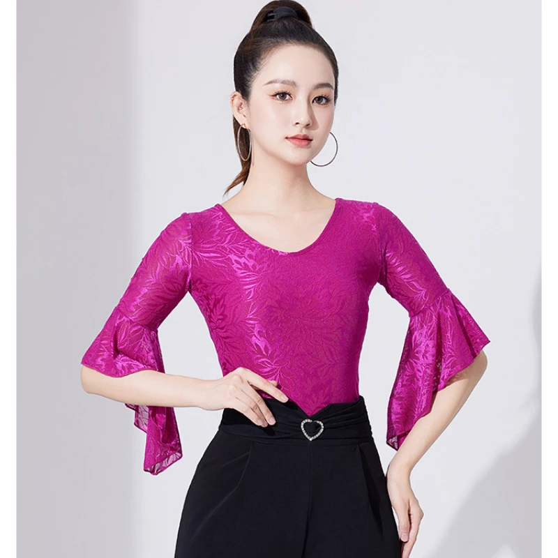 

Summer Ballroom Latin Dance Tops New Mesh Printing Leopard High-end Adult Costumes International Standard Modern Dance Clothes