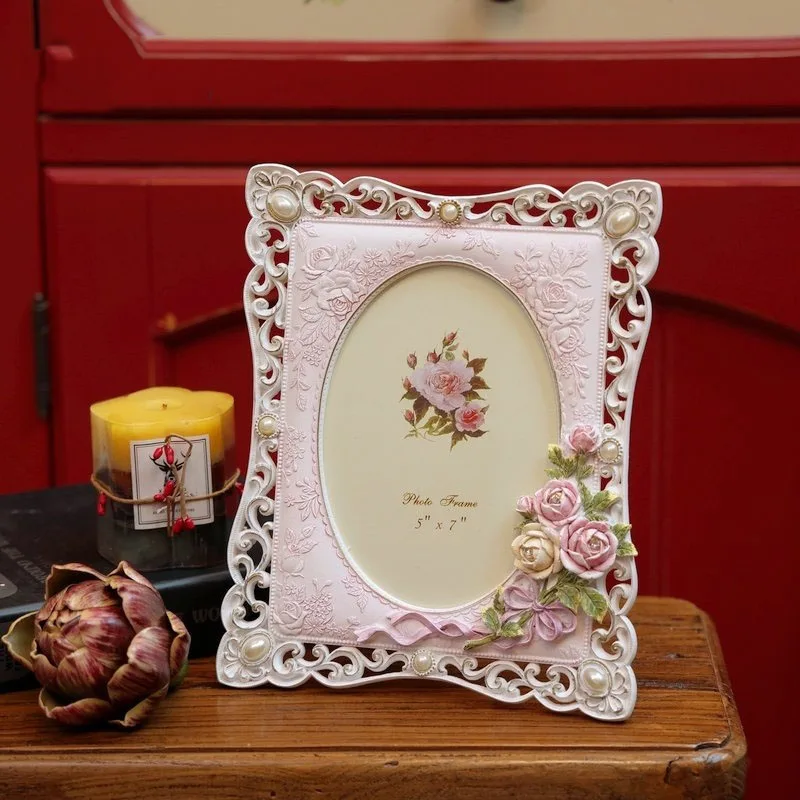 Resin Pink Rose Photo Frame Pearl Edge Modern Furnishings Desktop Ornament Living Room Hotel Display Window Show Home Decoration
