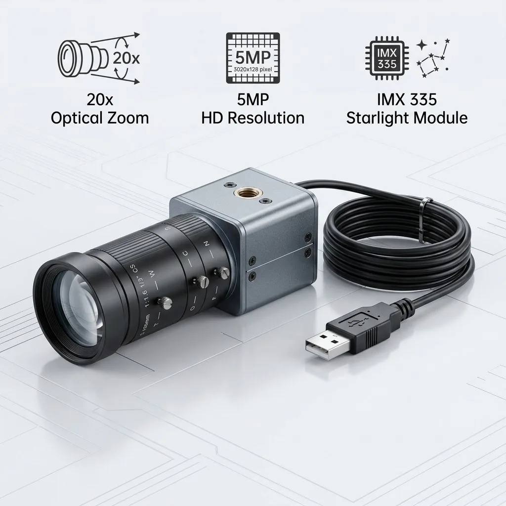 5MP/1080P IMX335 Industrial USB Camera 30fps Plug & Play 2.8-12mm/5-50mm/5-100mm CS Zoom Lens for Machine Vision