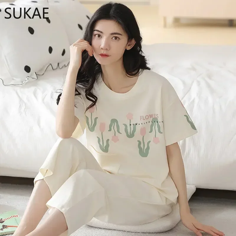 SUKAE 100% Cotton Woman's Capris Pajamas Sets Short Sleeves Calf-length Sleepwear Summer Quarter Pants Homesuits Woman Pijamas