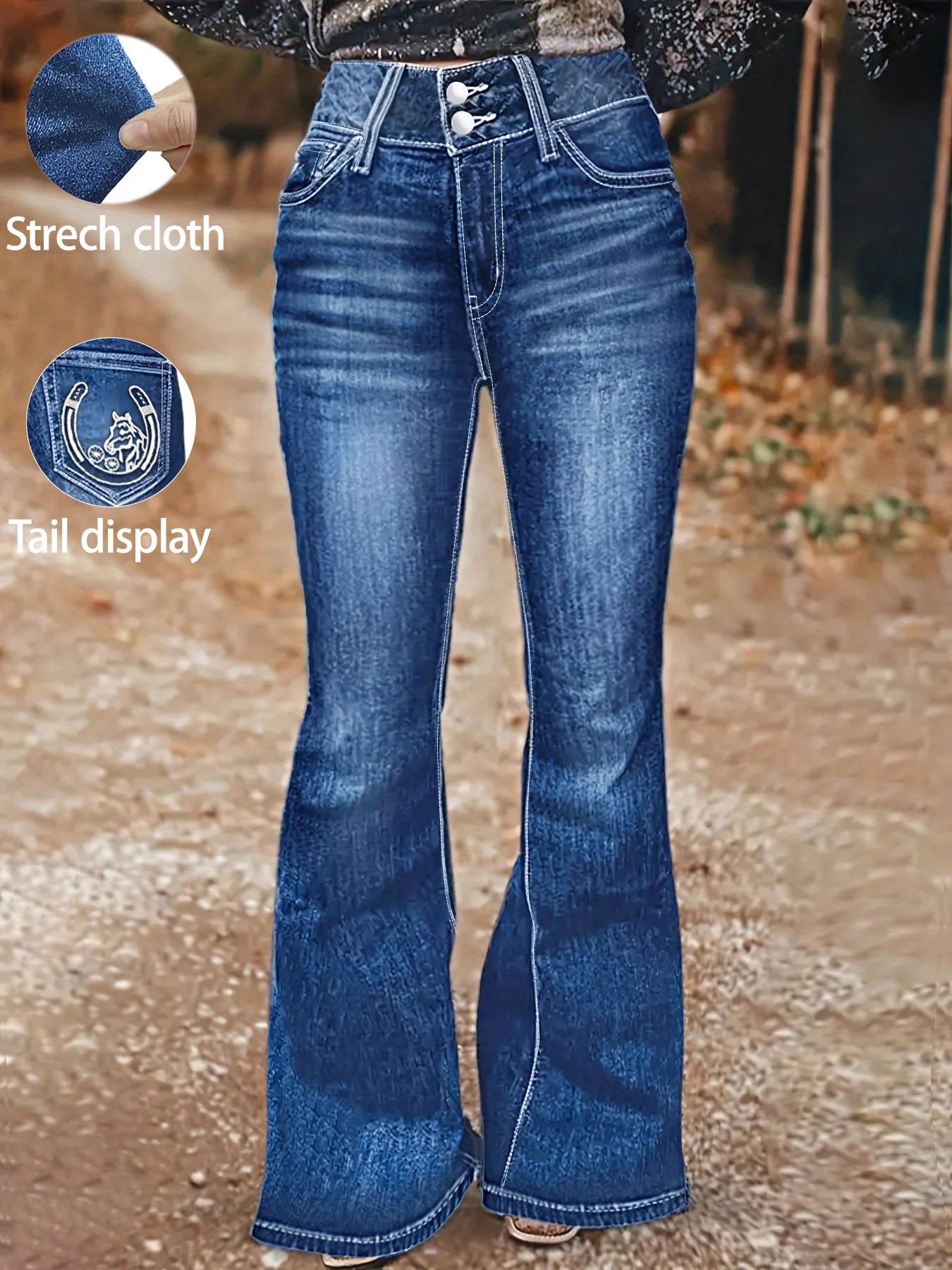تتميز بنطال جينز نسائي عالي الخصر بنمط تطريز حدوة حصان باللون الأزرق الداكن على الجيب الخلفي. #6