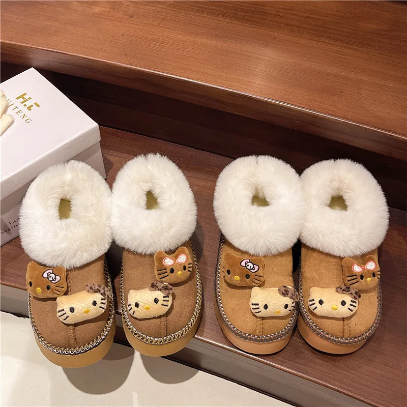 Kawaii Hello Kitty Plush Thick Soled Warm Snow Boots For Women'S Winter New Style Plush Warm And Comfortable Cotton Shoe Gift