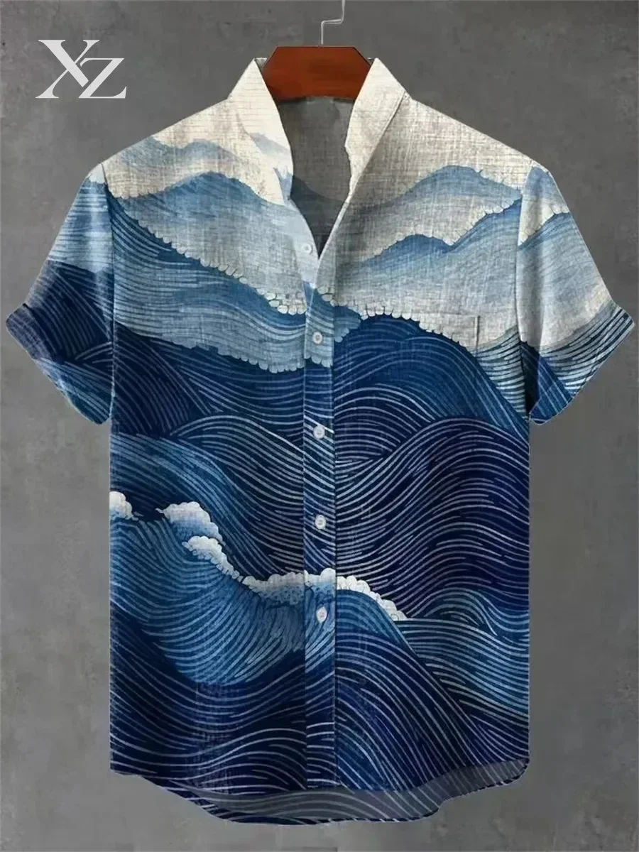 Hot Sale Men's Retro Landscape 3D Printed Linen Short-Sleeved Button Shirt Comfortable Casual Art Top
