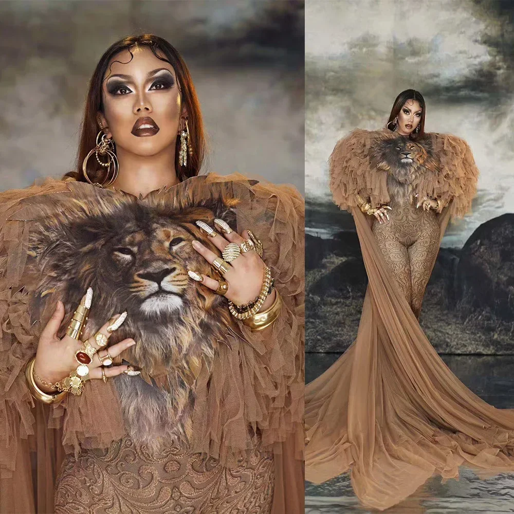 Combinaisons Sexy imprimées Lion marron avec longue gaze, modèle de défilé de mode, Costumes de scène, tenues Drag Queen Rave