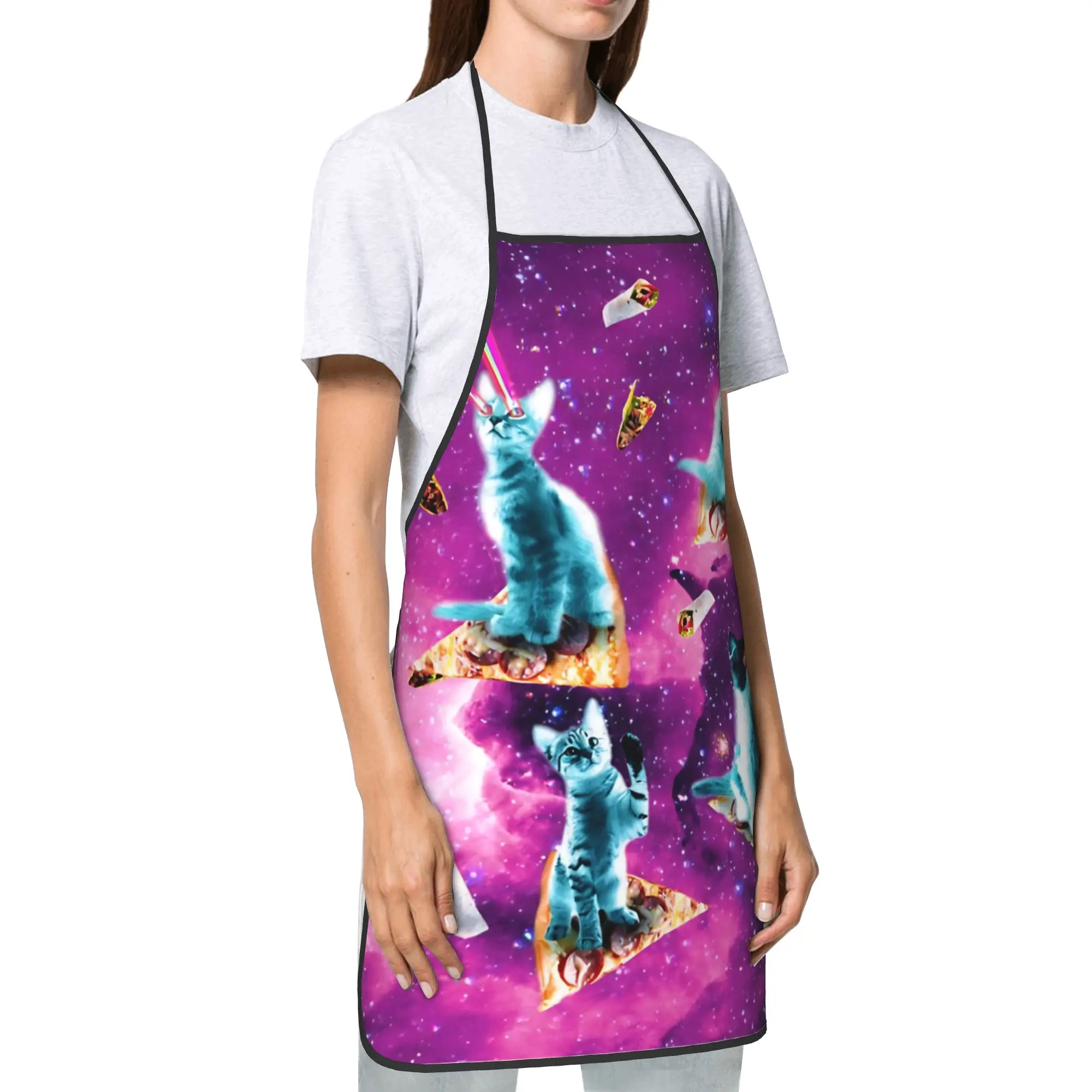 Outer Space Pizza Cat Rainbow Laser Eyes Bib Apron Oil-Proof Polyester  Kitchen Pinafore for Women Men Adult Breathable Camping