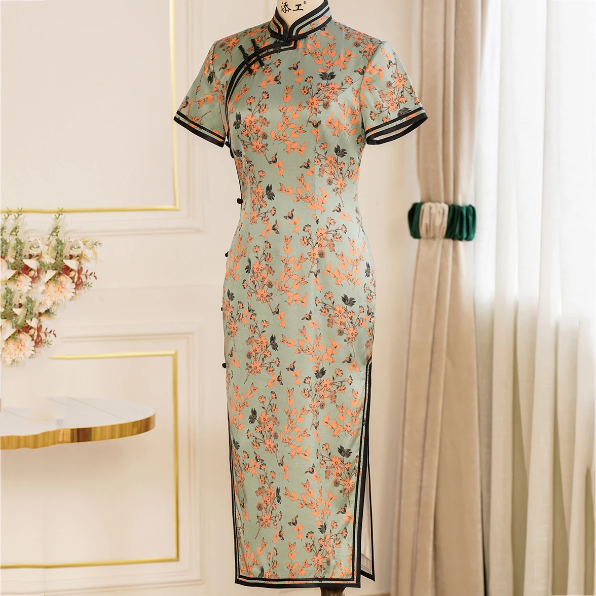 Print Flower Chinese Tradtional Qipao Dress Mulberry Silk Cheongsam Vintage Button Vestidos Mandarin Collar Formal Party Gown