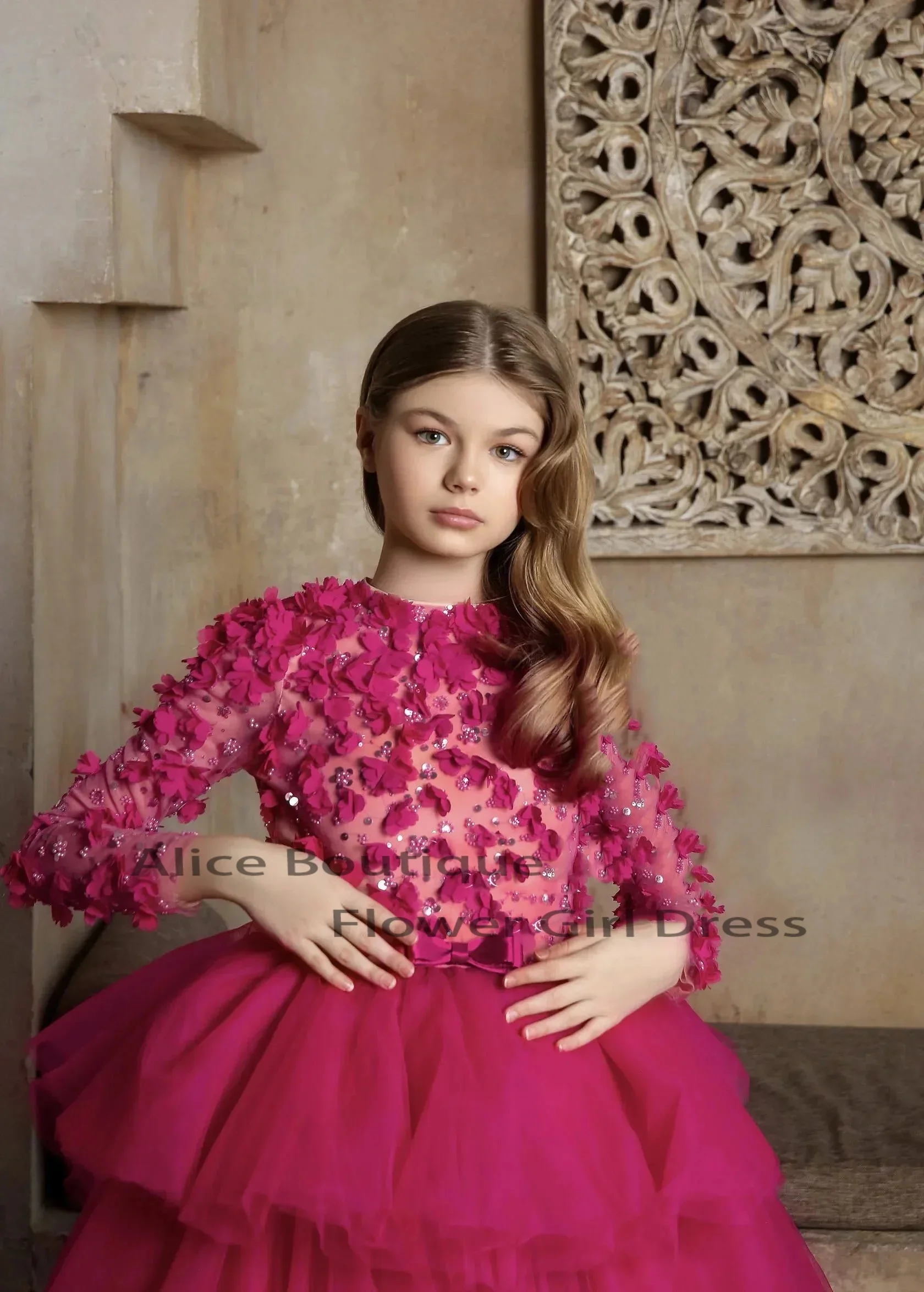 فساتين فتاة الزهور الحمراء لحفلات الزفاف بأكمام طويلة ترتر زهري رائع للأطفال Quinceanera فستان وصيفة العروس مخصص