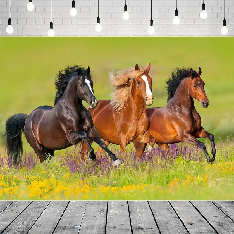 

Photography Backdrop Horse Running Mountain Grassland Flowers Spring Landscape Background Interior Decor Portrait Shoot Poster