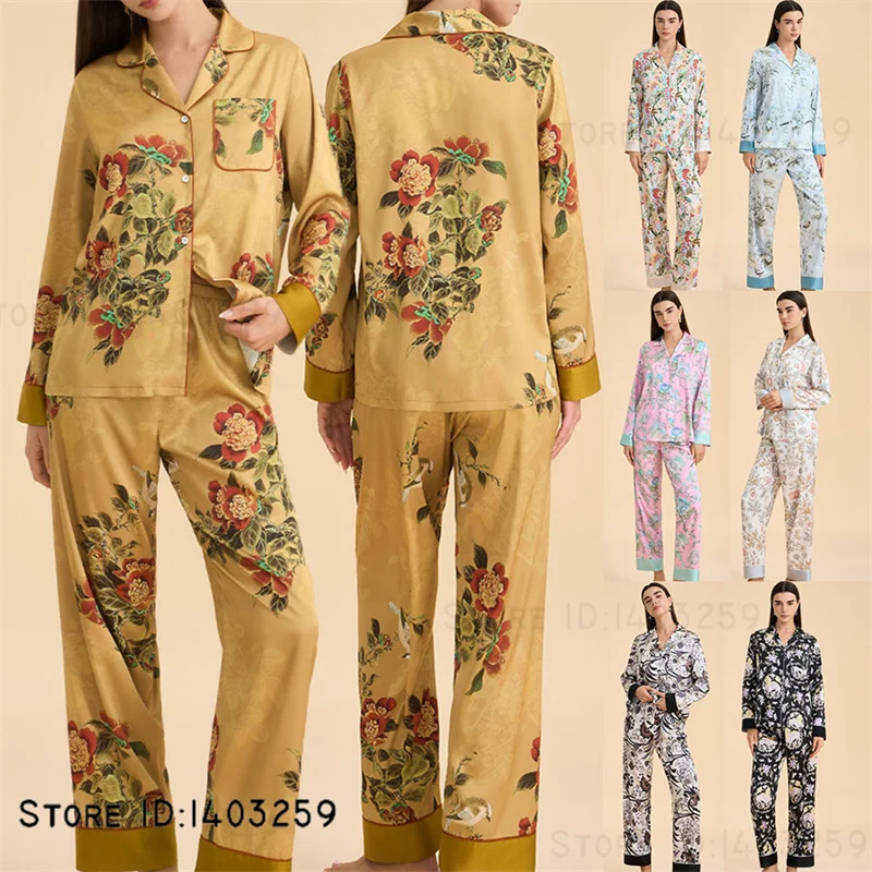 

Female 25Pcs Pajamas Set Loungewear Spring New Silk Satin Sleepwear Long Sleeve Trouser Pijamas Suit Loose Print Flower Homewear