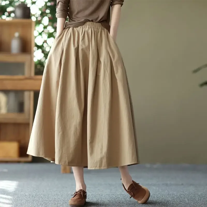A-line Solid Color Literary Large Skirt Elegant Long Skirts Summer Woman 2023 Preppy Style Japanese Fashion Women Clothing Y2k