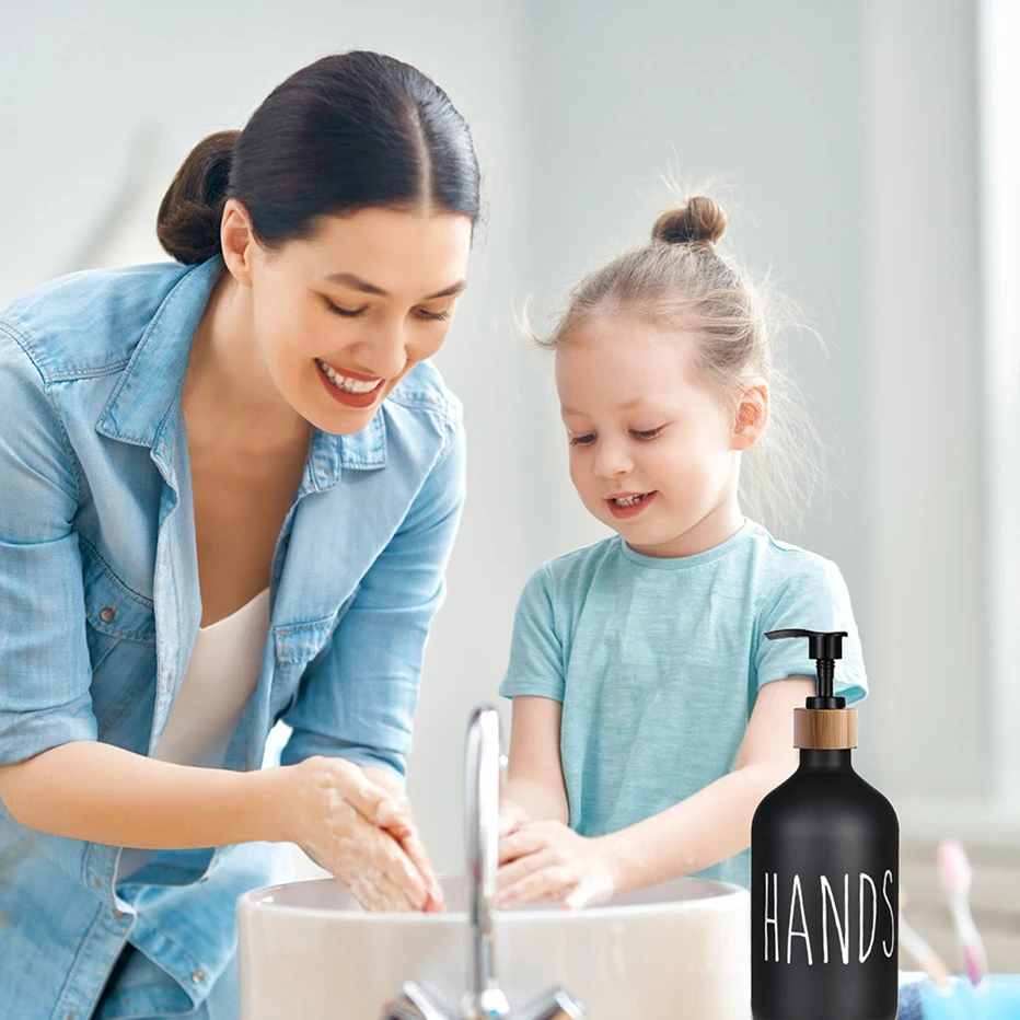 Soap Dispenser Bottle Matte Black Kitchen Refillable Hands Dishes Press Bottle Bamboo Wood Pump Bathroom Storage Bottle 500ML