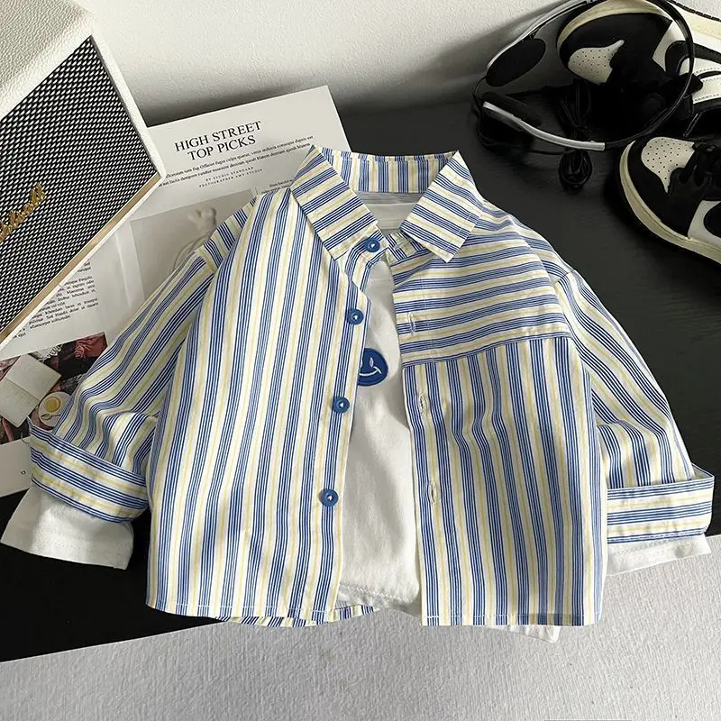 IENENS Fashion Kids Shirt Spring Thin Striped Blouses Clothing Infant Boy Cotton Tops 1 2 3 4 Years Kids Long Sleeves Shirt